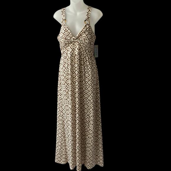 Derek Heart Babydoll Animal Print Maxi Dress L Brown‎ Boho Smocked Stretch NWT - Picture 1 of 10